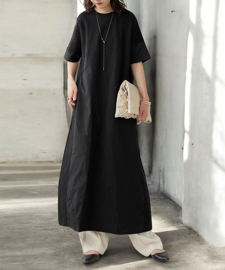 3素材切替ドッキングAラインワンピース 送料無料・(500)メール便可