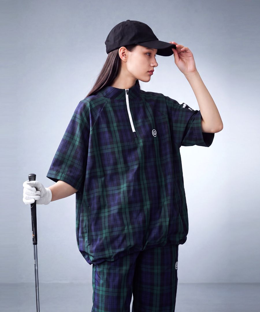 ANTIQUA GOLF×STCH トップス レディース チェック柄 2WAY ハーフジップ