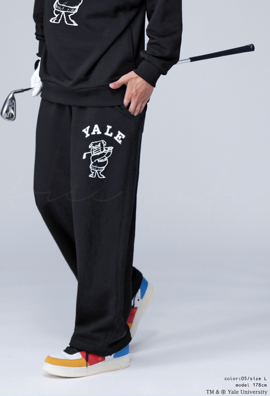 黒 ロゴプリント パンツ 別注 YALE ANTIQUA GOLF ロゴパンツ メンズ 送料無料・メール便