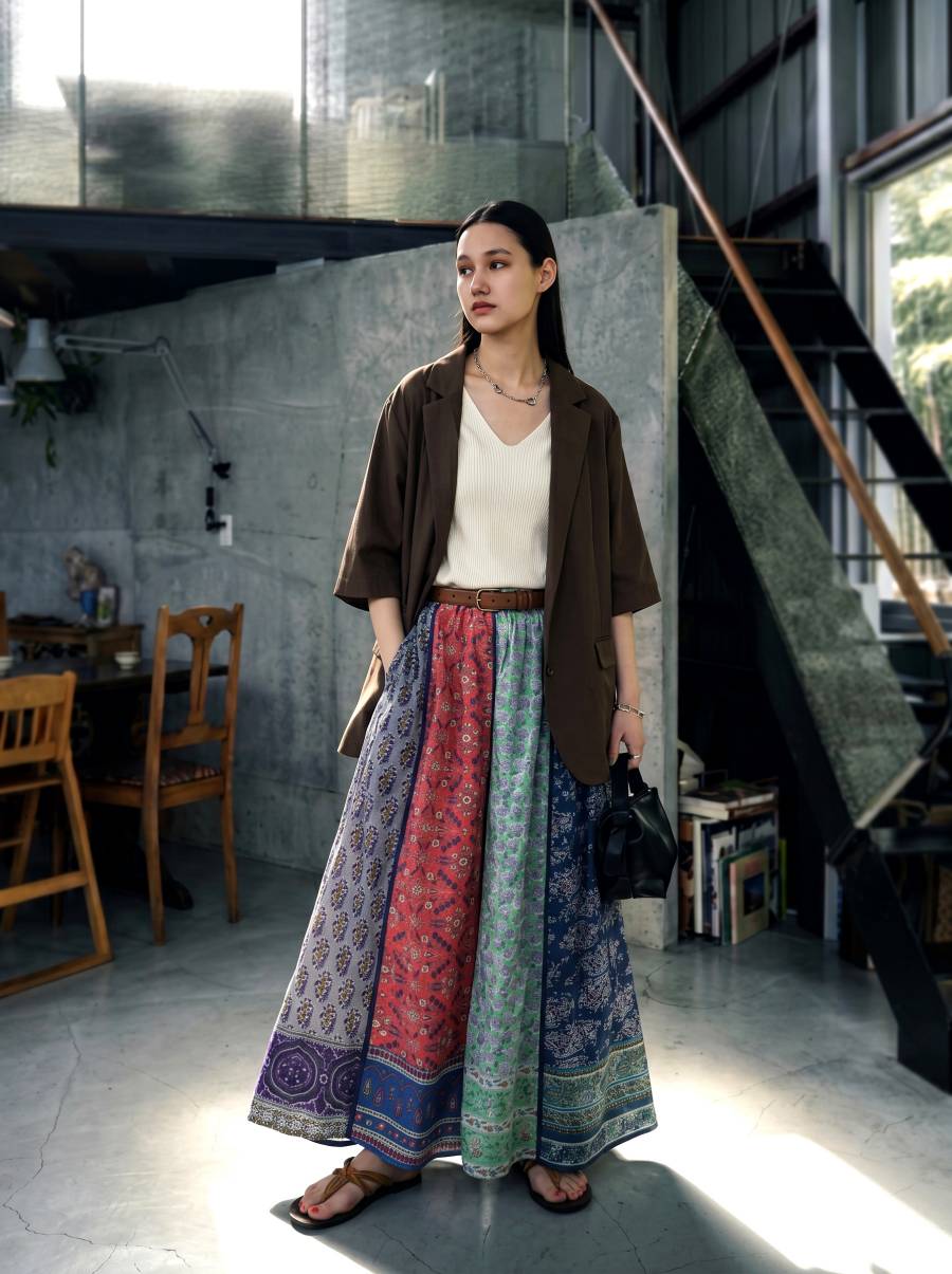 色で魅せる大人へ。スカート レディース ロング パッチワーク フレア