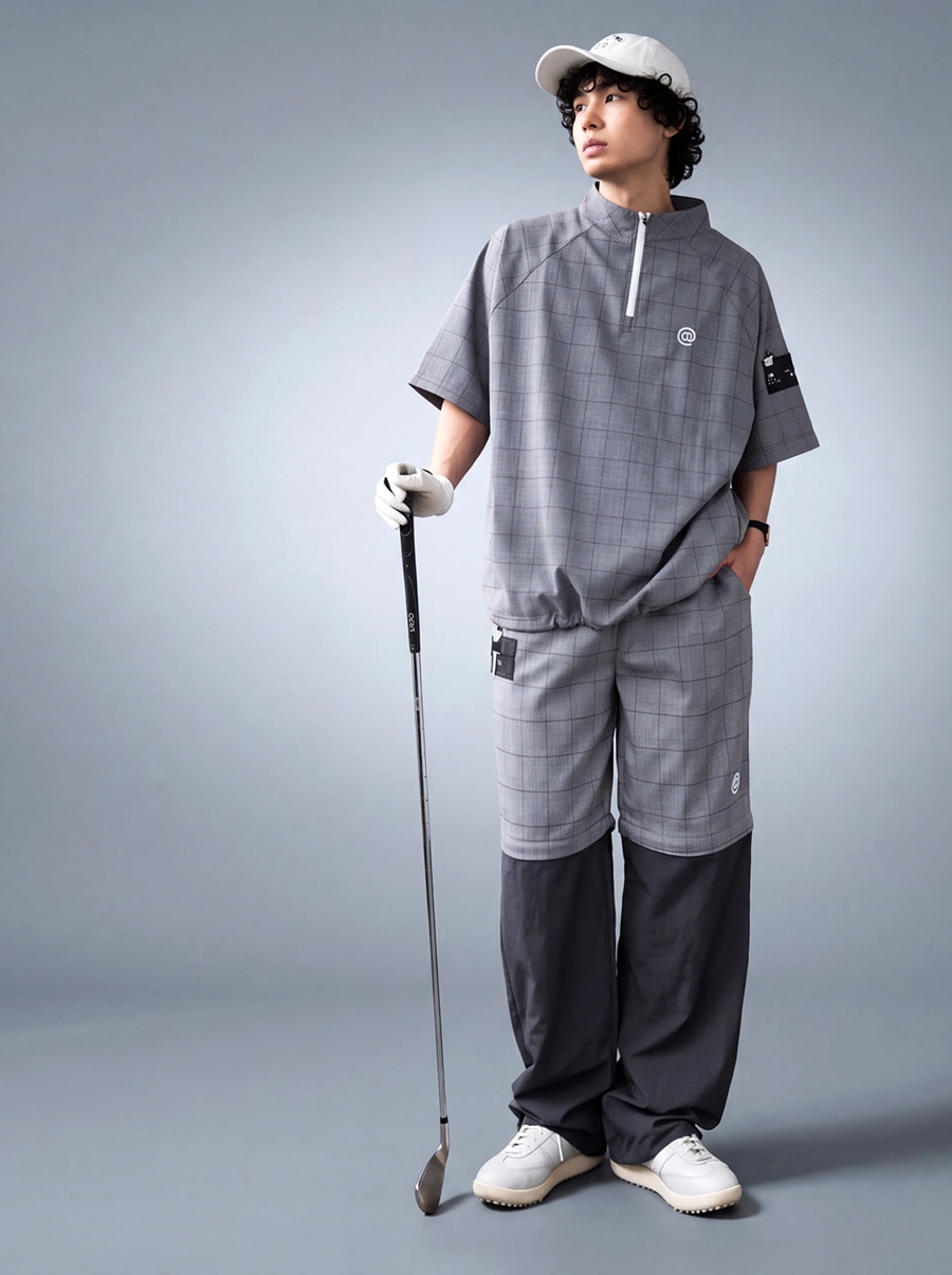 ANTIQUA GOLF×STCH 配色トップス ゴルフウェア 上下セット ANTIQUA GOLF×STCH トップス メンズ チェック柄 2WAY ハーフジップ