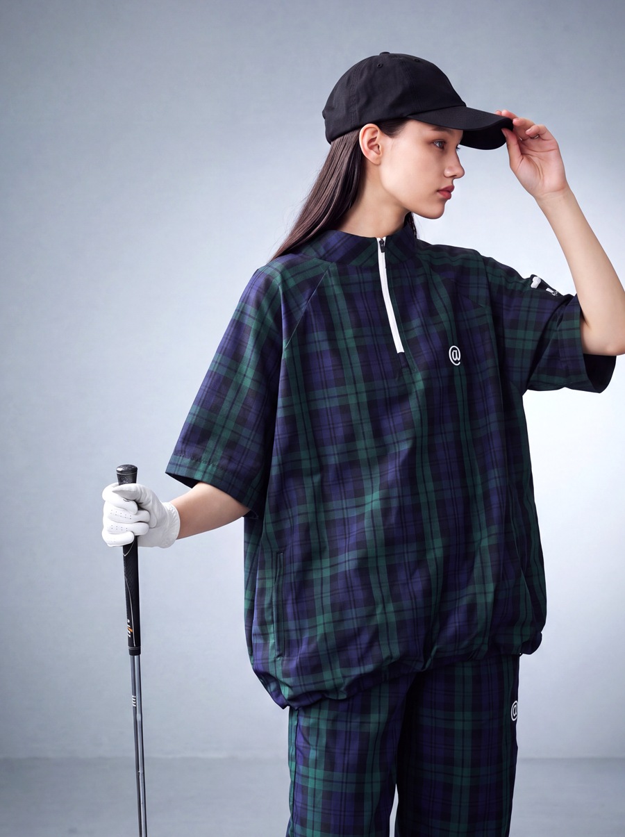 ANTIQUA GOLF×STCH トップス メンズ チェック柄 2WAY ハーフジップ
