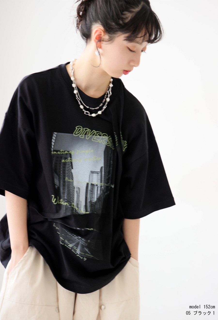 立体タック デザイン Tシャツ レディース 半袖 プリント・(80