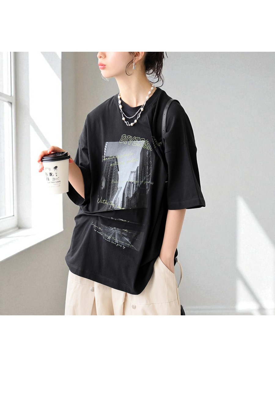gomme 立体的なタックデザイン 半袖Tシャツ 黒 立体タック デザイン Tシャツ レディース 半袖 プリント・7月13