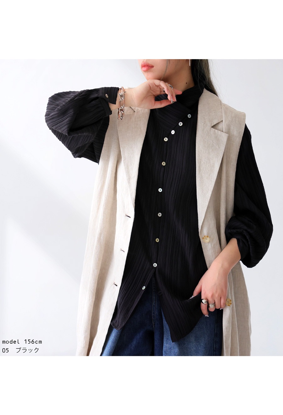 m.a+ / エムエークロス | 楊柳 ラウンドカラー シャツ | ブラック | レディース antiqua（アンティカ） ブラウス シャツ 楊柳デザインシャツ