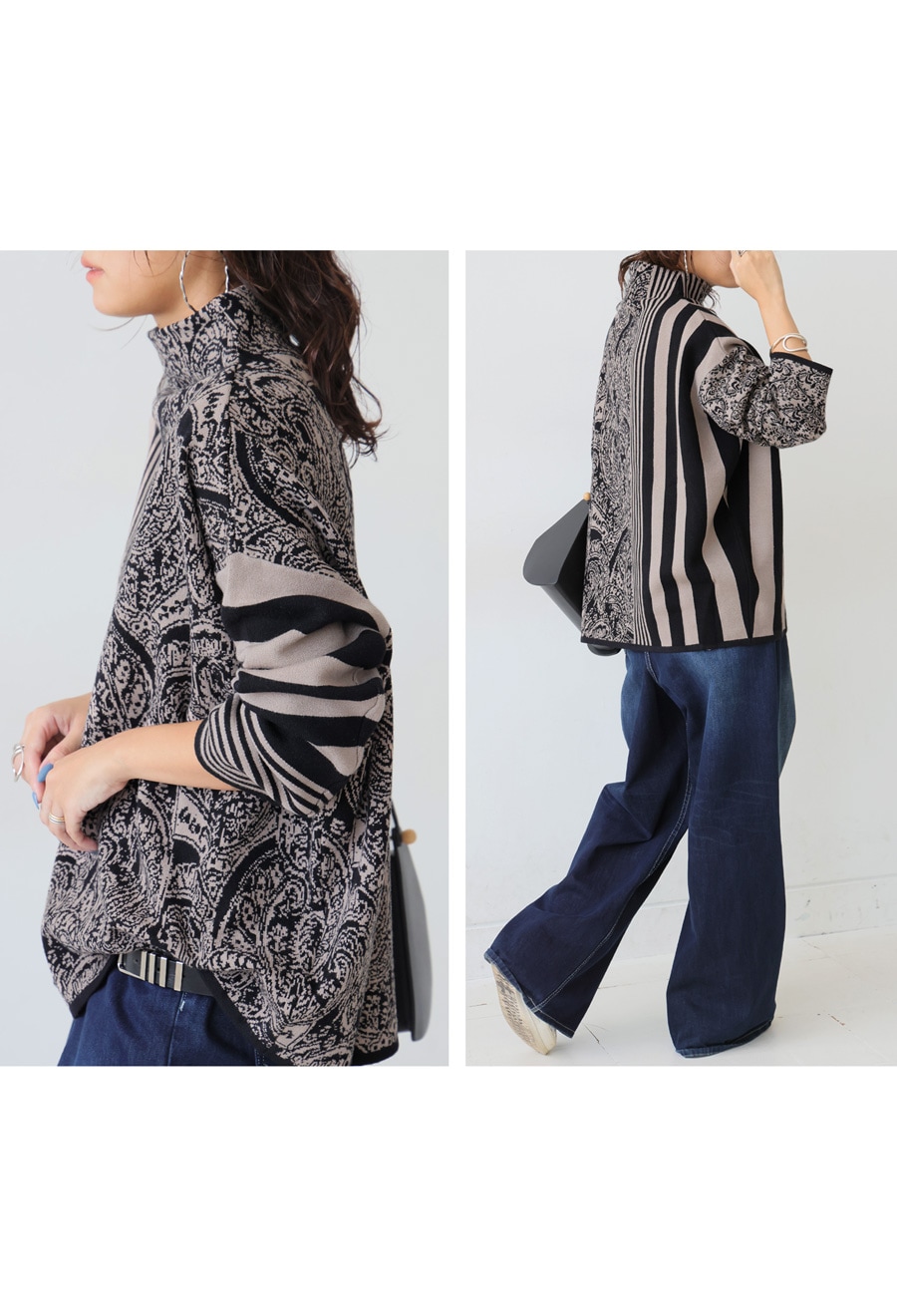 柄ニット レディース トップス 長袖 ボトルネック 送料無料・メール便