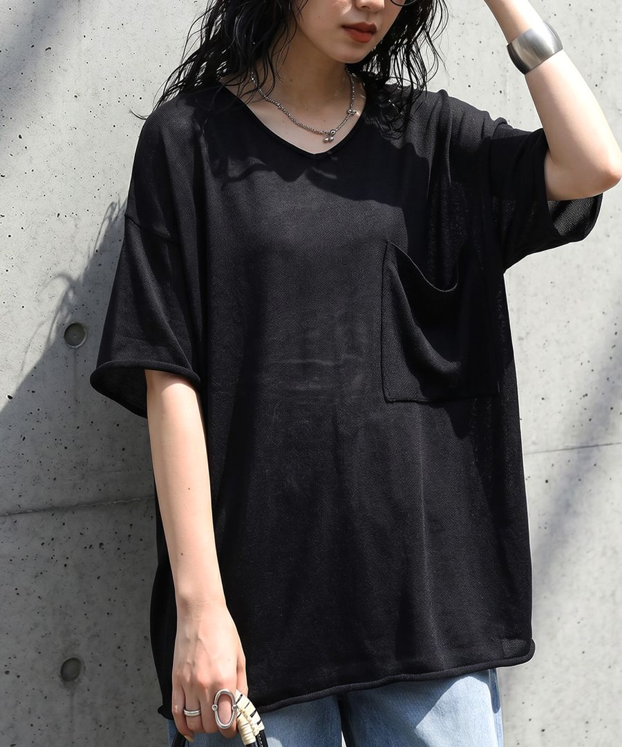一枚で、大人の余裕。シアー ニット レディース 半袖 Tシャツ Vネック