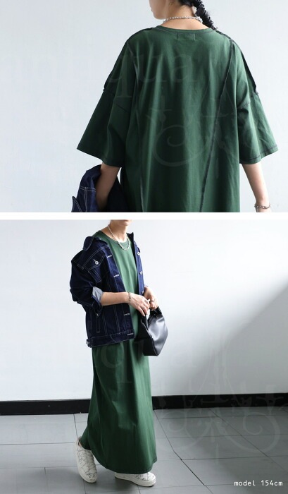 ワンピース・ヴァーニ半袖　黒×緑　M 配色ステッチワンピース ワンピース レディース 半袖 綿100・(100