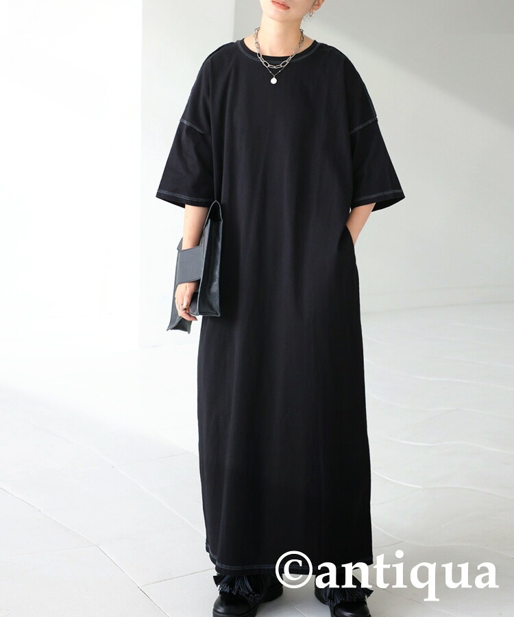 配色ステッチワンピース ワンピース レディース 半袖 綿100・(100