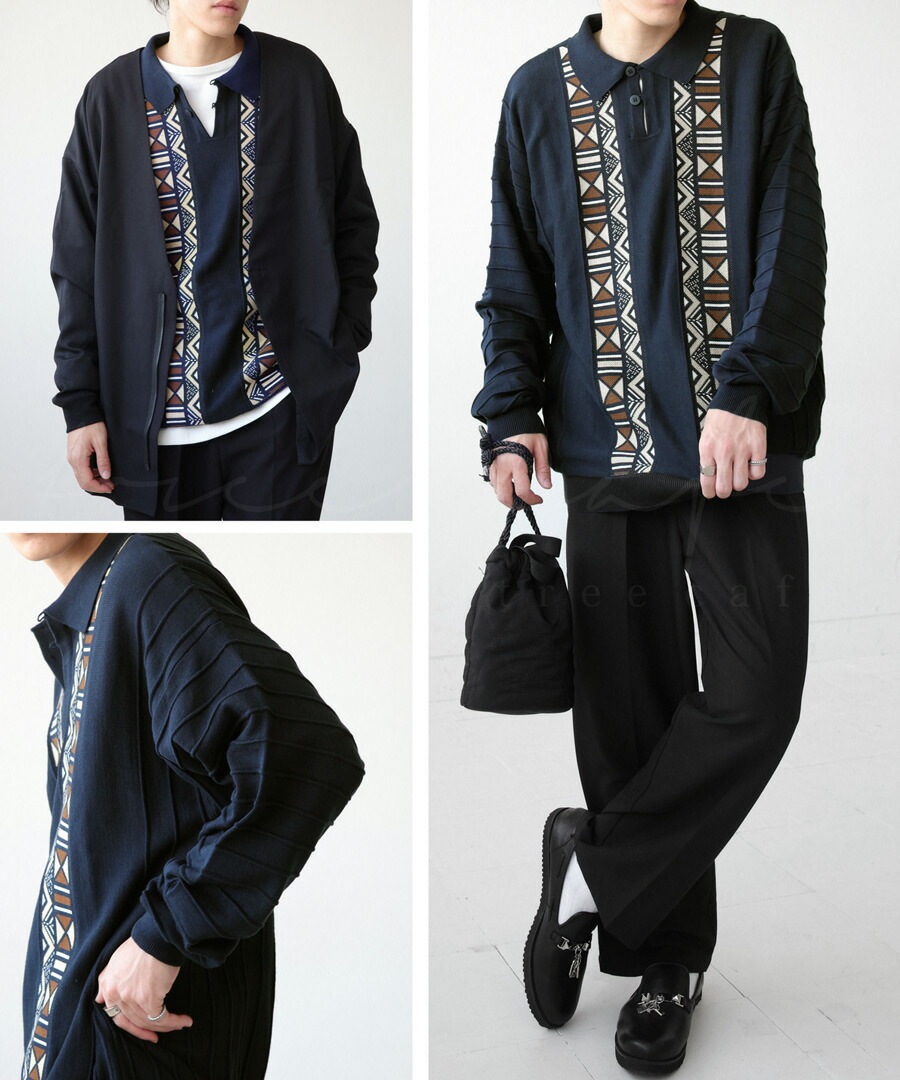 エスニック柄 ニットポロ メンズ トップス 長袖 送料無料・メール便