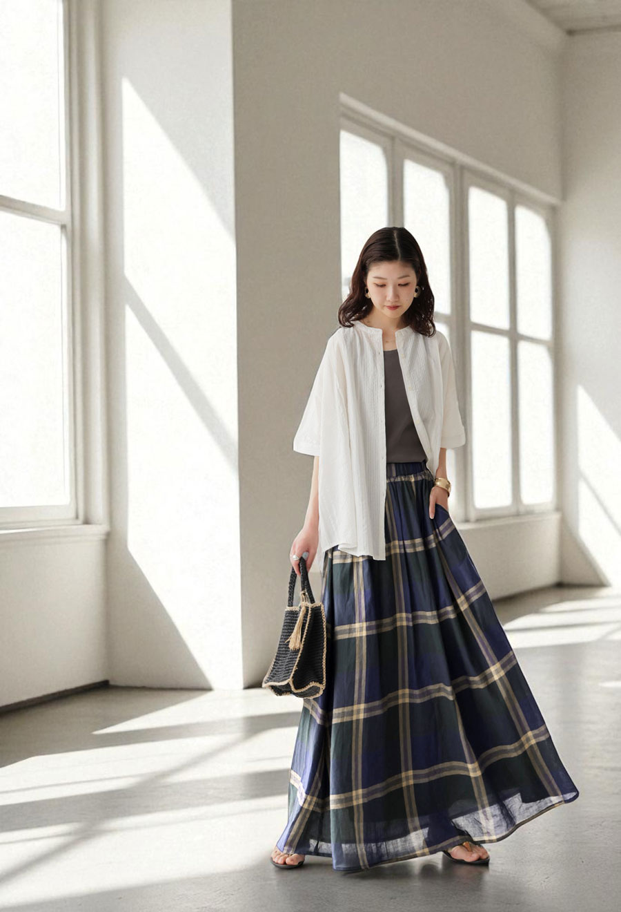 気まぐれセール新品未使用品Antiquités チェック柄 フレアスカートブルー チェック柄フレアスカート レディース ボトムス 綿 送料無料