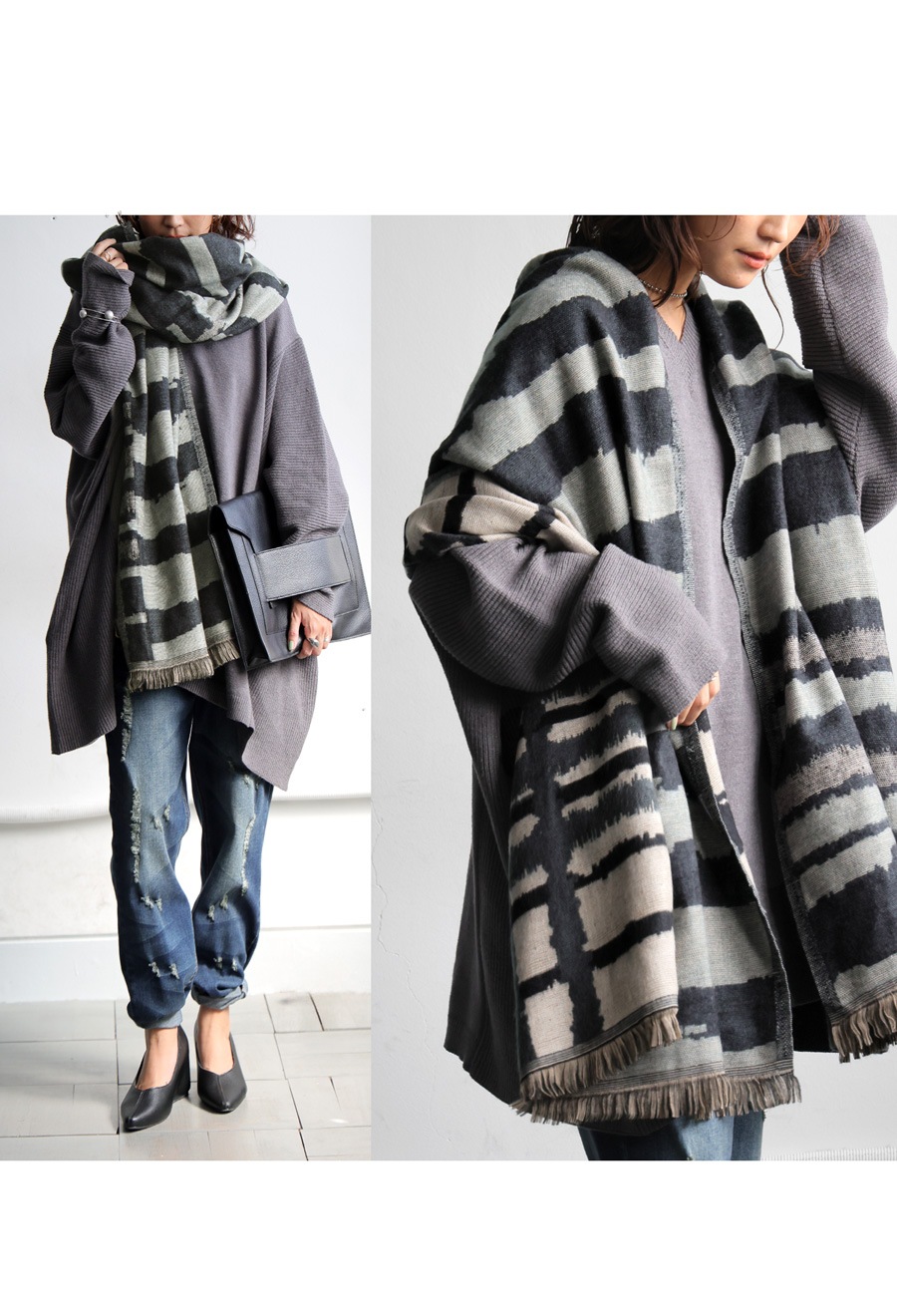 ニコニコ☺️/ モシ族/ダークインディゴ 大判クロス/フリンジストール ニコニコ☺️様専用/ モシ族/ダークインディゴ 大判クロス