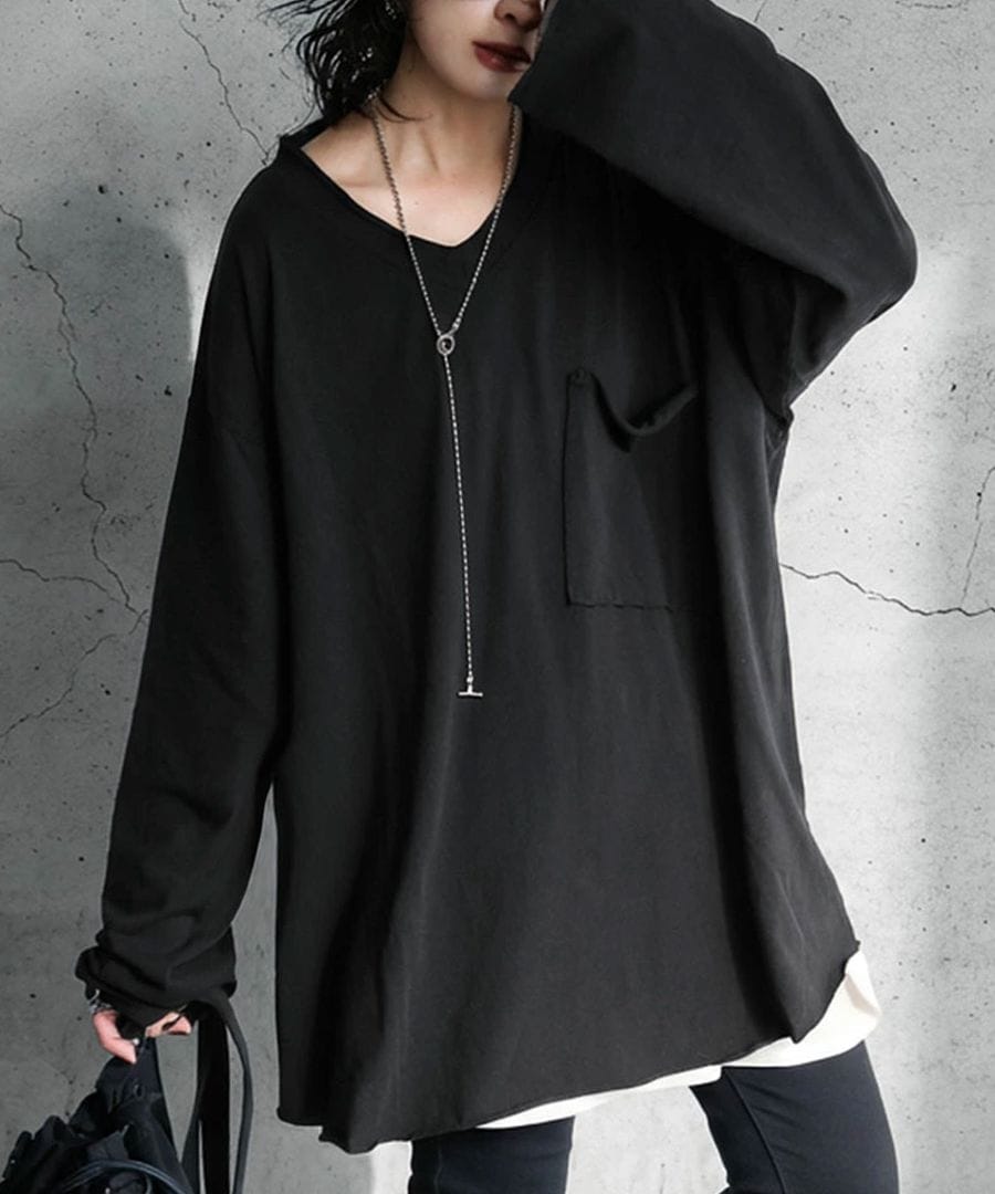 カットオフ Vネック ロンT 長袖 レディース 綿100% ・再入荷 (100