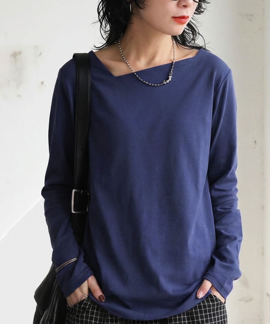 特別送料無料 斜めネック ロンT レディース トップス 長袖 綿100・(80