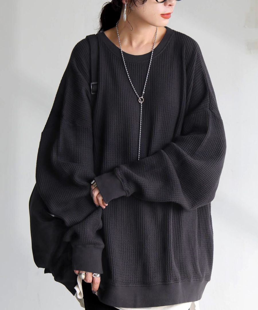 再入荷予定有!オニワッフル トップス レディース クルーネック 長袖