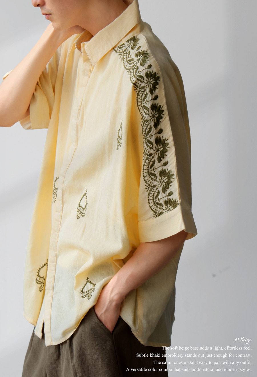 インド綿 刺繍シャツ メンズ トップス 半袖 送料無料・(500)メール便可