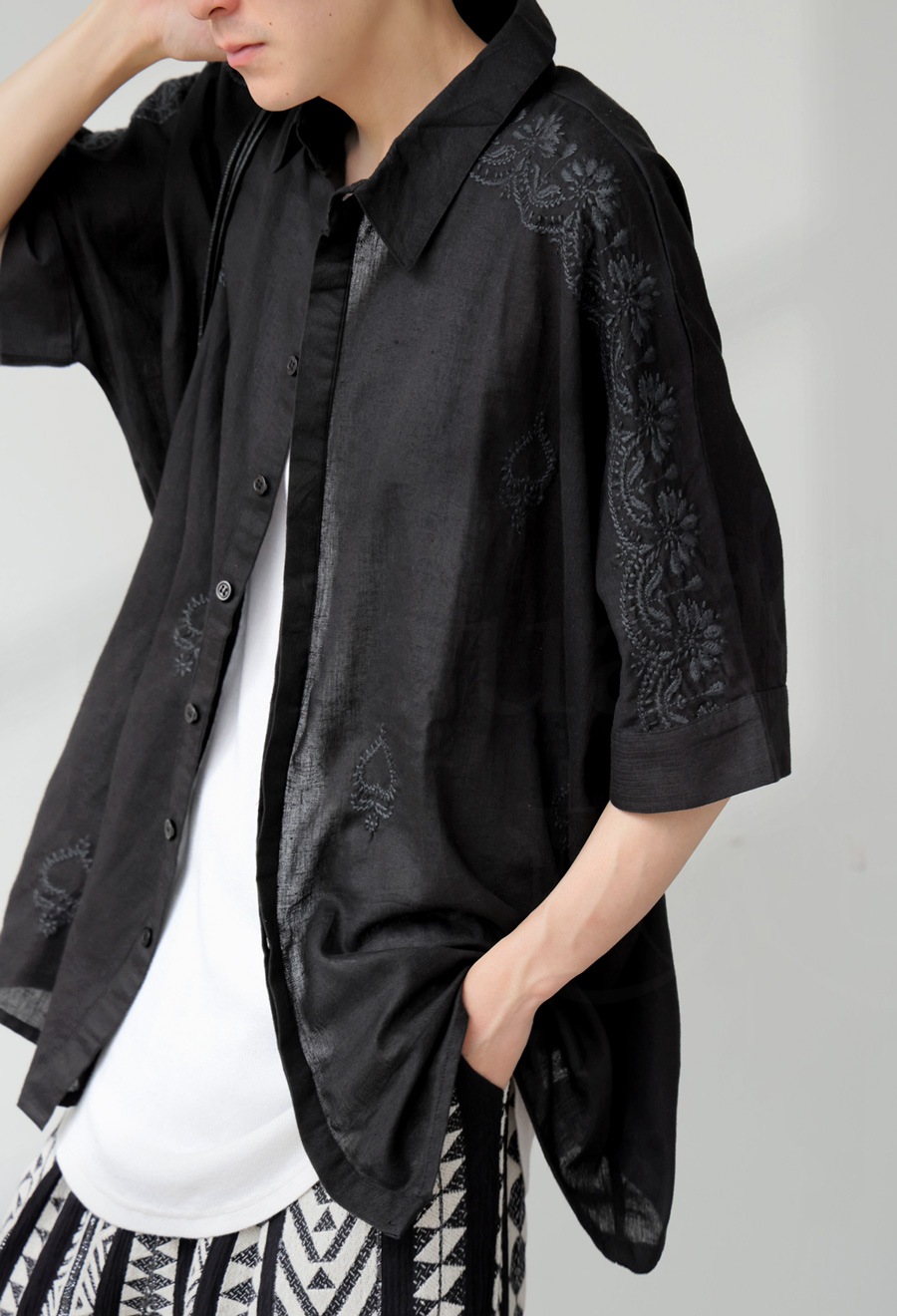 インド綿 刺繍シャツ メンズ トップス 半袖 送料無料・7月18日0