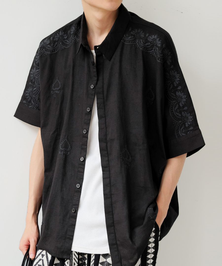 インド綿 刺繍シャツ メンズ トップス 半袖 送料無料・(500)メール便可