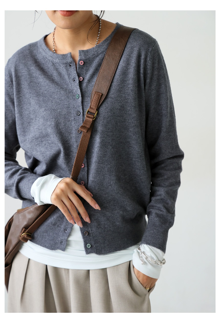 配色ボタン クルーネック カーディガン レディース 送料無料・(100