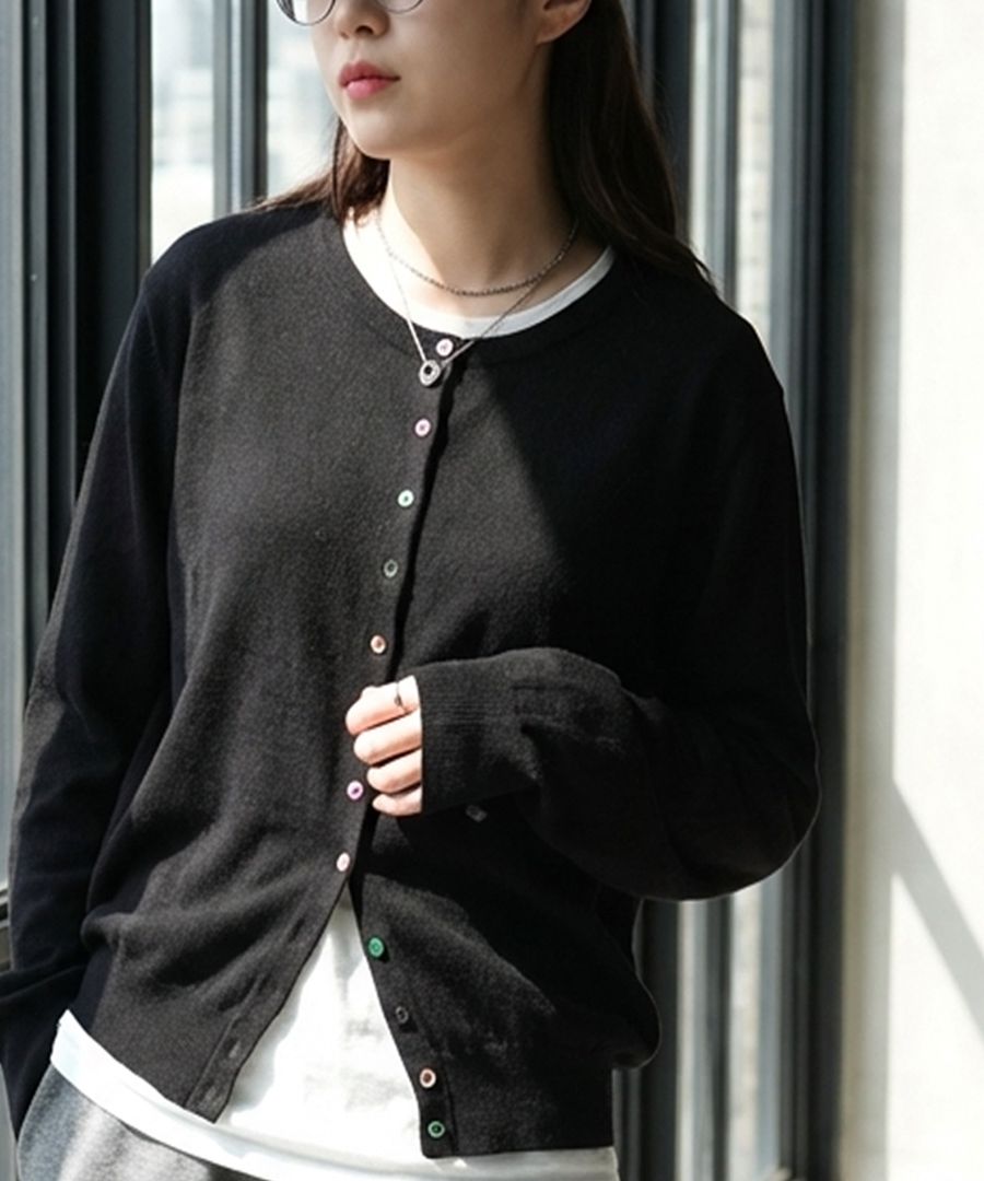 配色ボタン クルーネック カーディガン レディース 送料無料・(100
