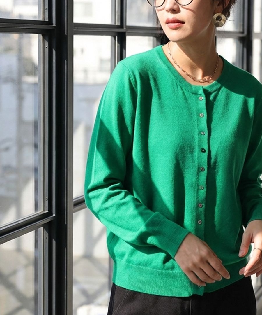 配色ボタン クルーネック カーディガン レディース 送料無料・(100