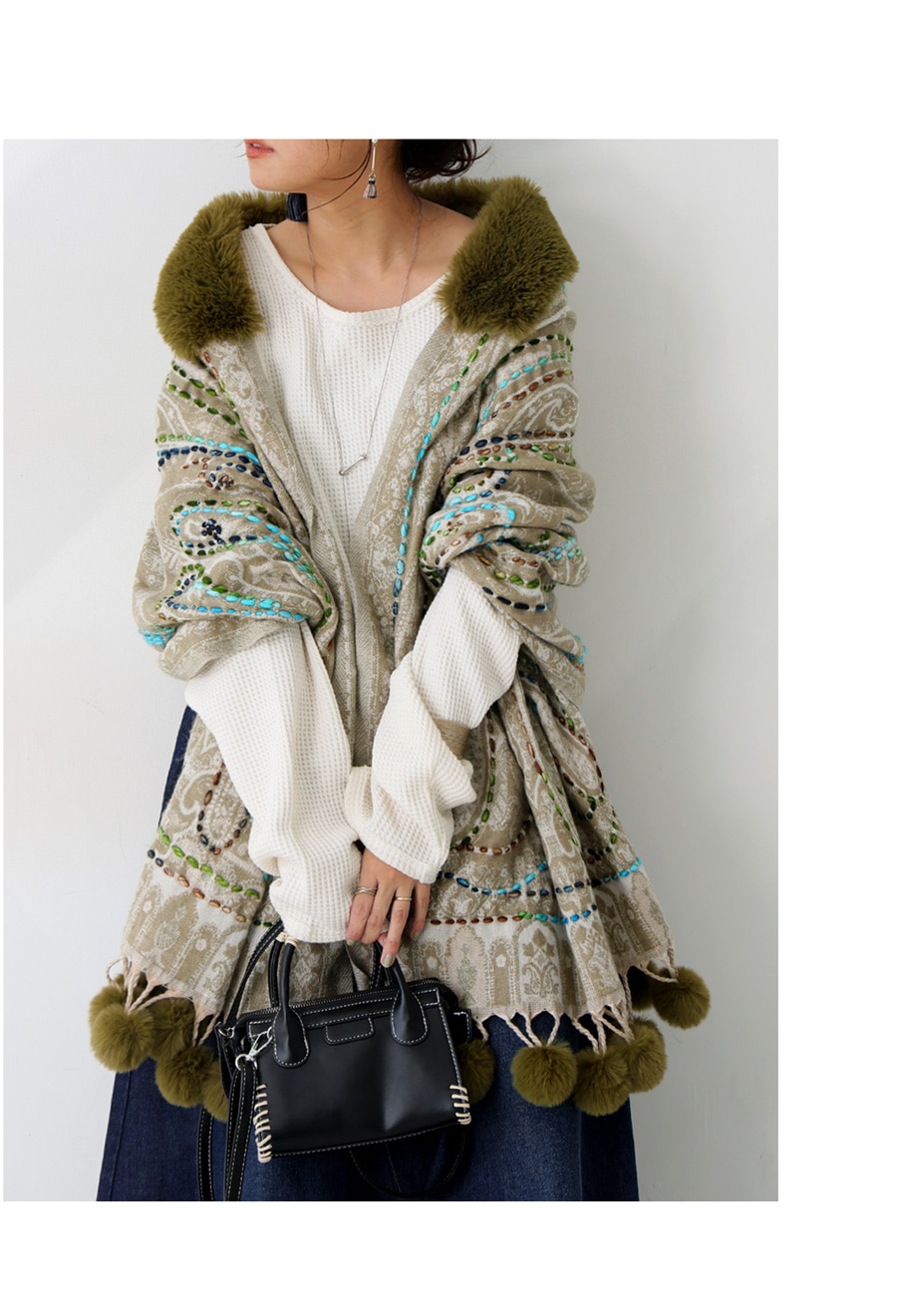 ファー付き ポンチョ レディース ストール マフラー 送料無料・メール