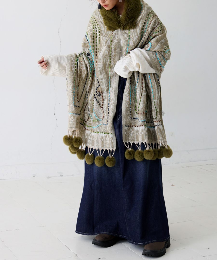 ファー付き ポンチョ レディース ストール マフラー 送料無料・メール