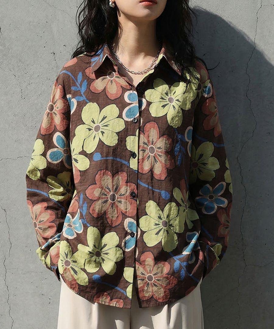 大人が着る花柄。花柄 シャツ レディース 長袖 レギュラーカラー 送料