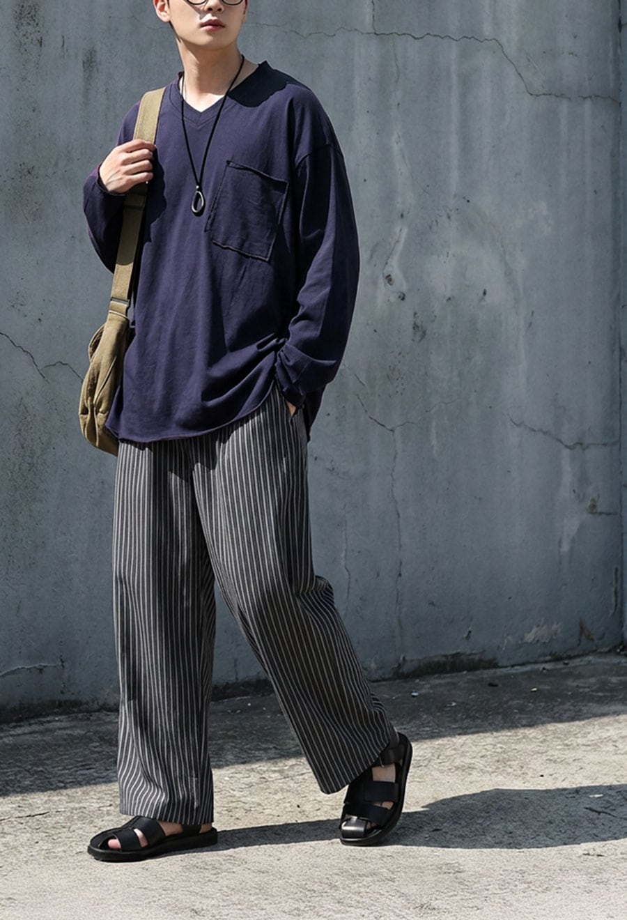 カットオフ Vネック ロンT 長袖 メンズ 綿100%・(100)メール便可