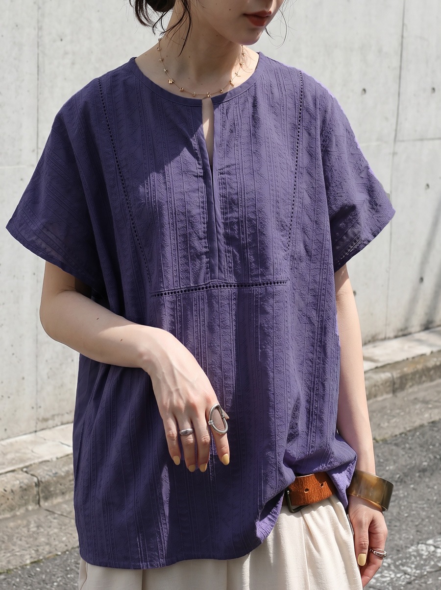 大人の正解トップス。ブラウス レディース 半袖 キーネック 綿100 送料