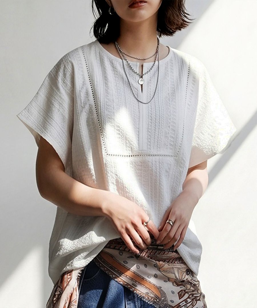 古布　繭袋　シンプル半袖ブラウス 大人の正解トップス。ブラウス レディース 半袖 キーネック 綿100 送料