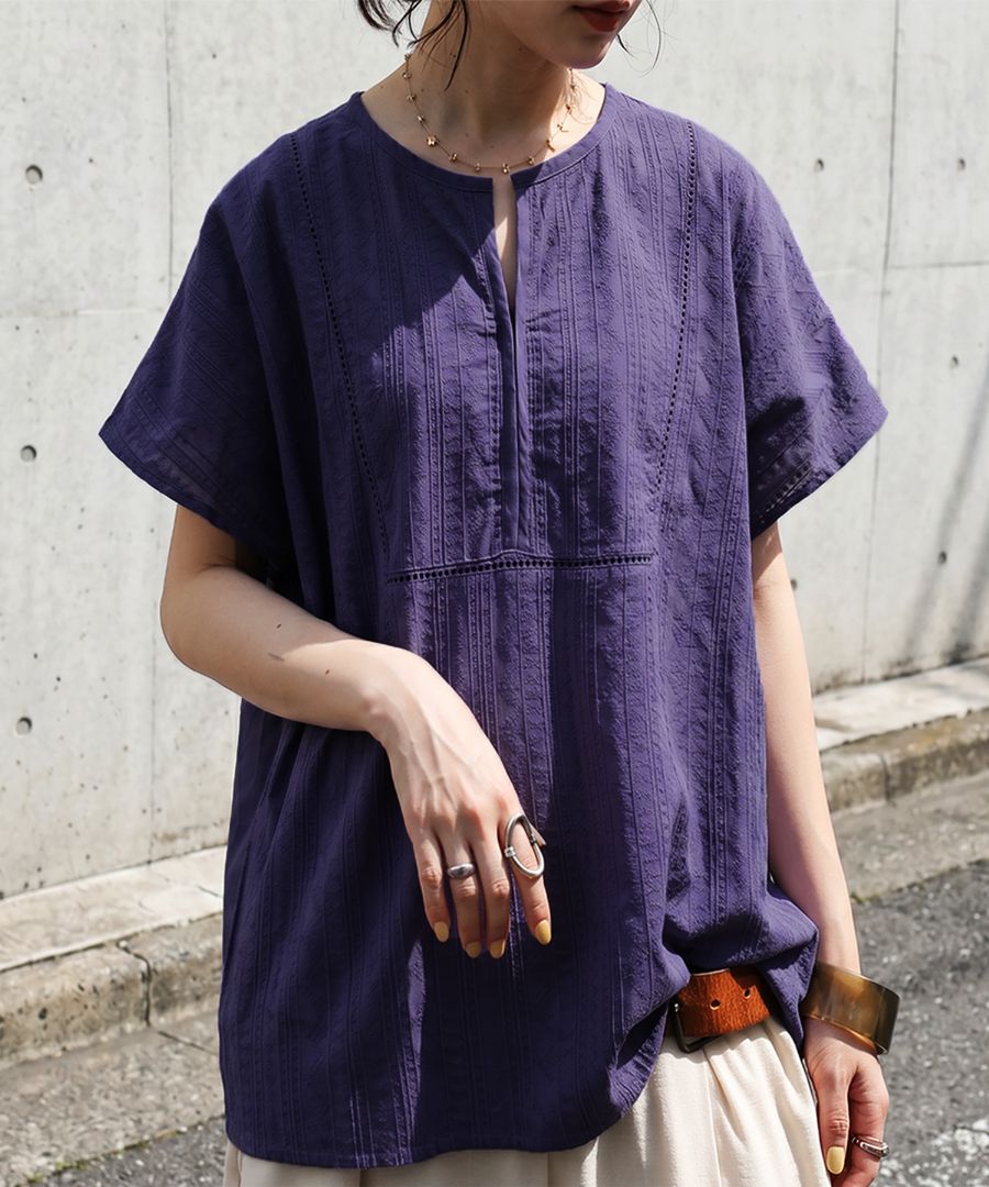 大人の正解トップス。ブラウス レディース 半袖 キーネック 綿100 送料
