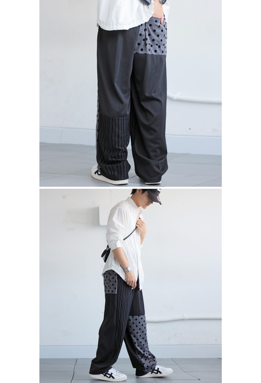 ドット×ストライプ 切替ワイドパンツ メンズ 送料無料・メール便