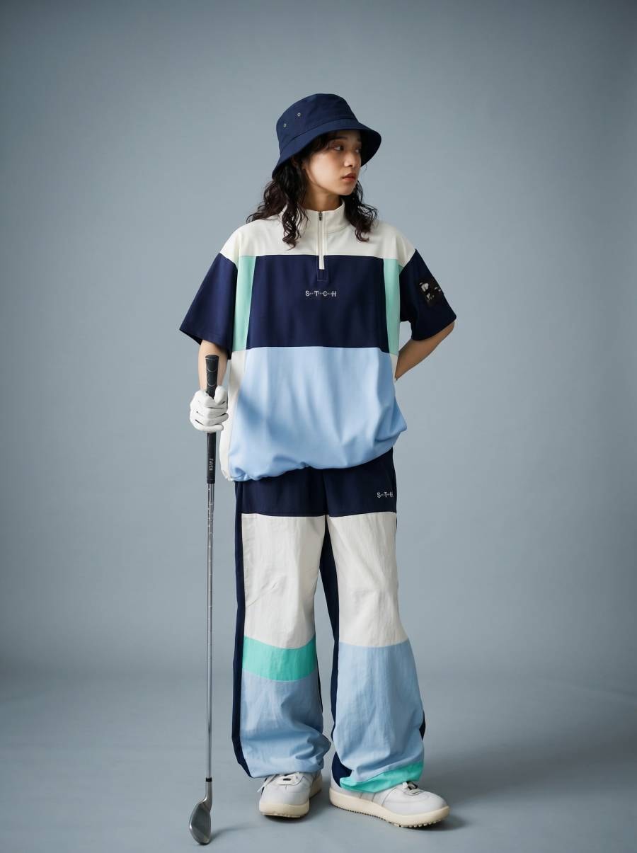 ANTIQUA GOLF×STCH パンツ メンズ 速乾 ナイロン ゴルフ 配色 ワイド