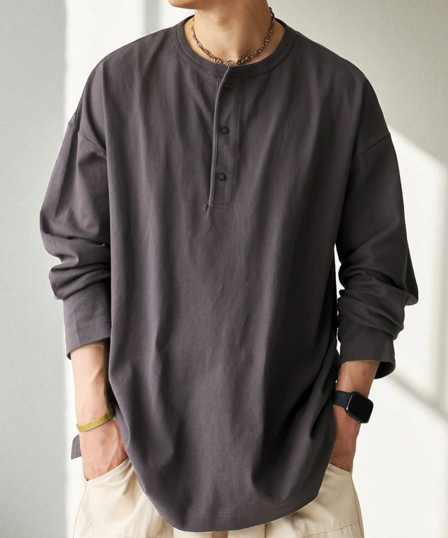 ヘンリーネック バスク ロンT メンズ 長袖 綿100・(500)メール便