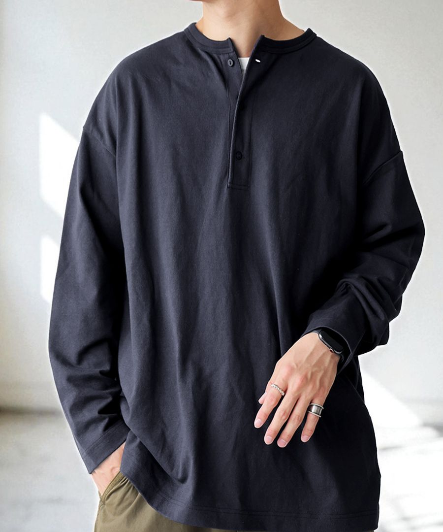 ヘンリーネック バスク ロンT メンズ 長袖 綿100・(500)メール便可