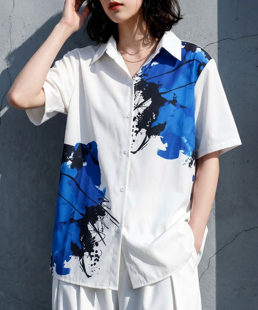 s*a様 deres デレス 刺繍シャツ ホワイト×ネイビー フリーサイズ 余白で魅せるシャツ。アート柄 シャツ レディース シャツブラウス 配色