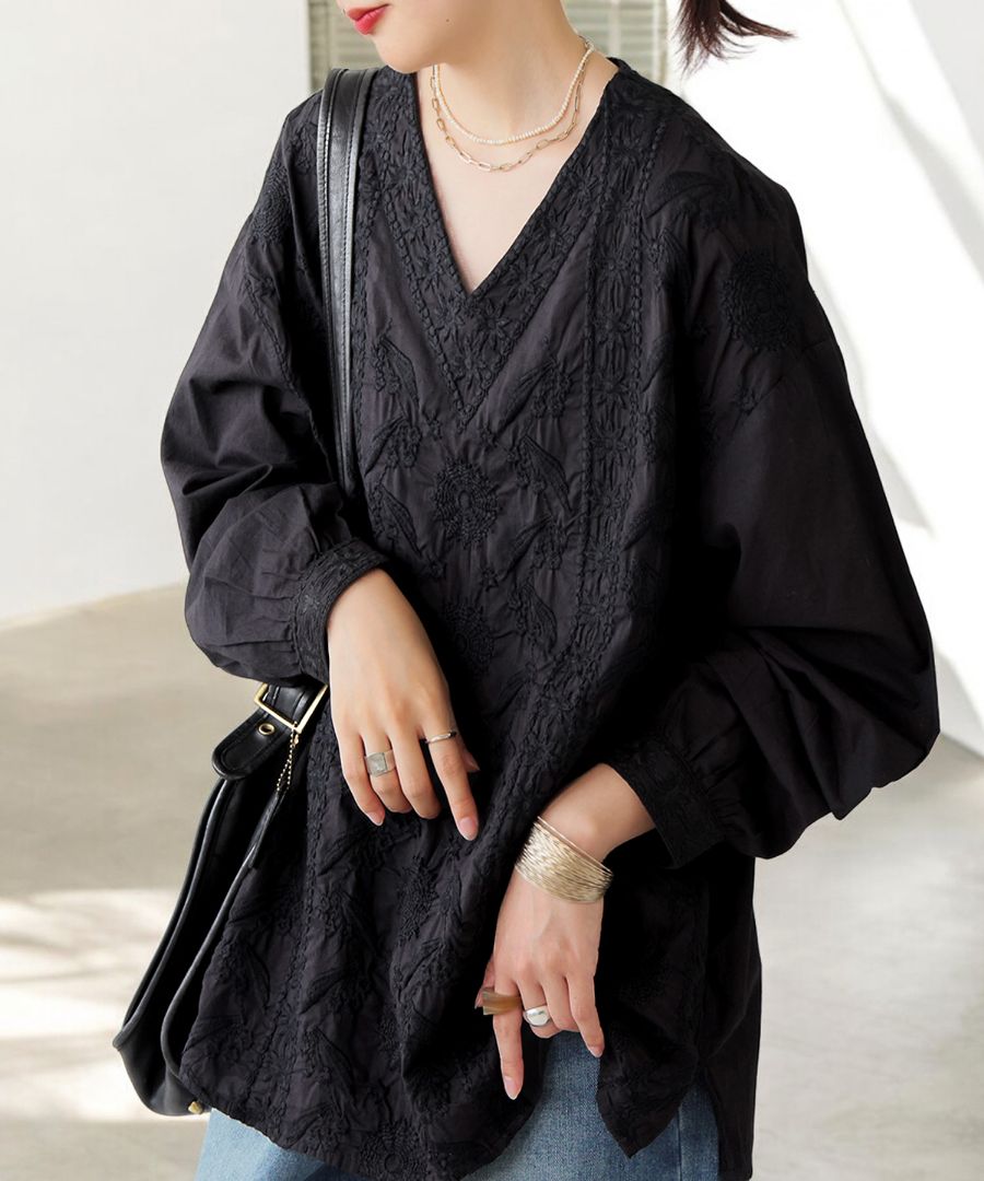 LOULOU購入　刺繍ブラウス　黒　新品未使用タグ付き 刺繍ブラウス レディース トップス 綿100 長袖 送料無料・8月23