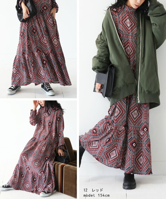 オリエンタル柄 ティアードワンピース レディース 長袖 送料無料・(100