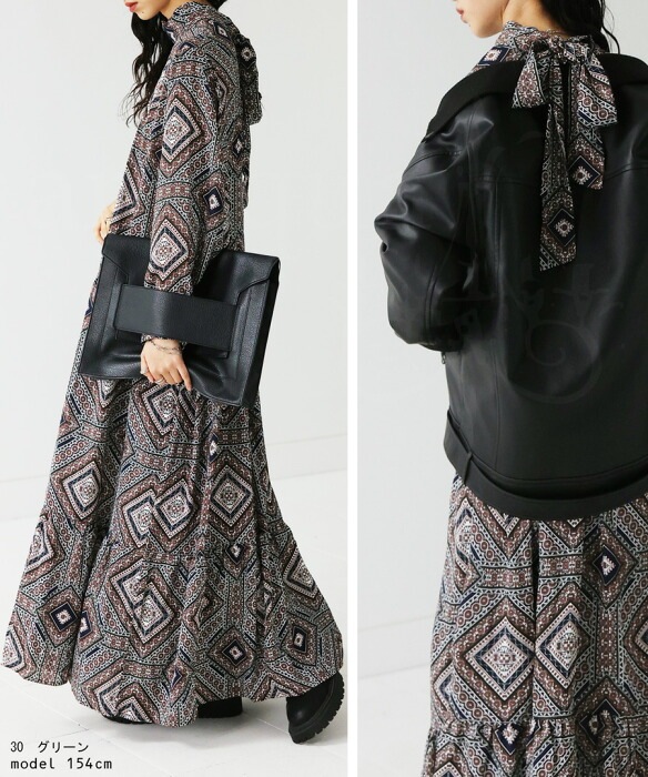 オリエンタル柄 ティアードワンピース レディース 長袖 送料無料・(100
