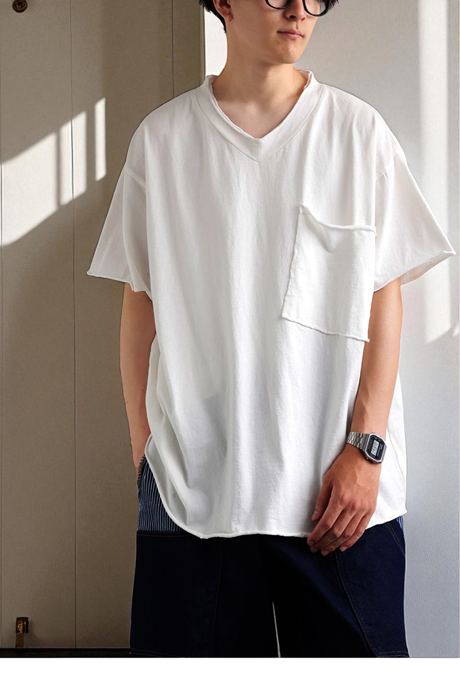 Y's ワイズ　Tシャツ　グレー　Vネック　ヴィンテージ　裾スリット　リネン混 カットオフVネックT メンズ Tシャツ 半袖 Vネック 綿・7月13日0