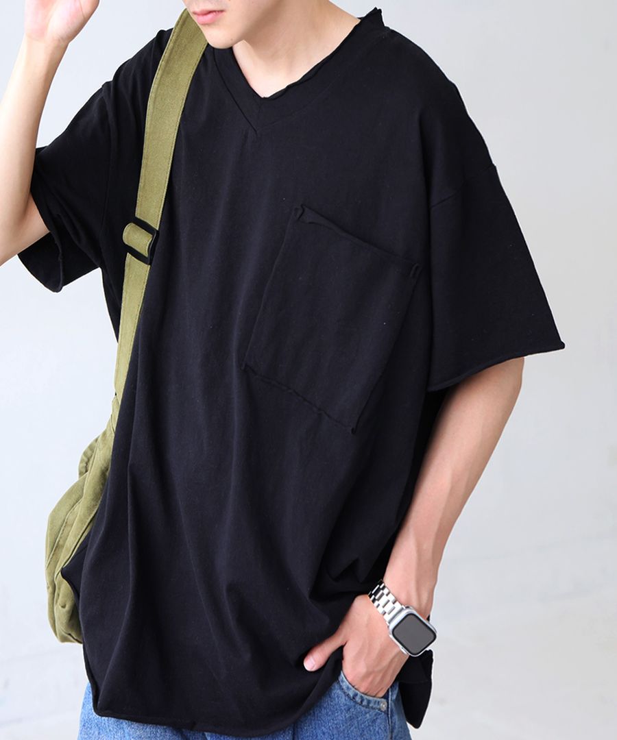 カットオフVネックT メンズ Tシャツ 半袖 Vネック 綿・(80