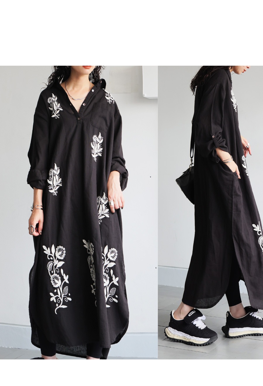 伊太利屋豪華総柄ベロア刺繍シアーシャツワンピース　ブラック　黒　レディース　11 刺繍シャツワンピース レディース ロング ワンピース 送料無料