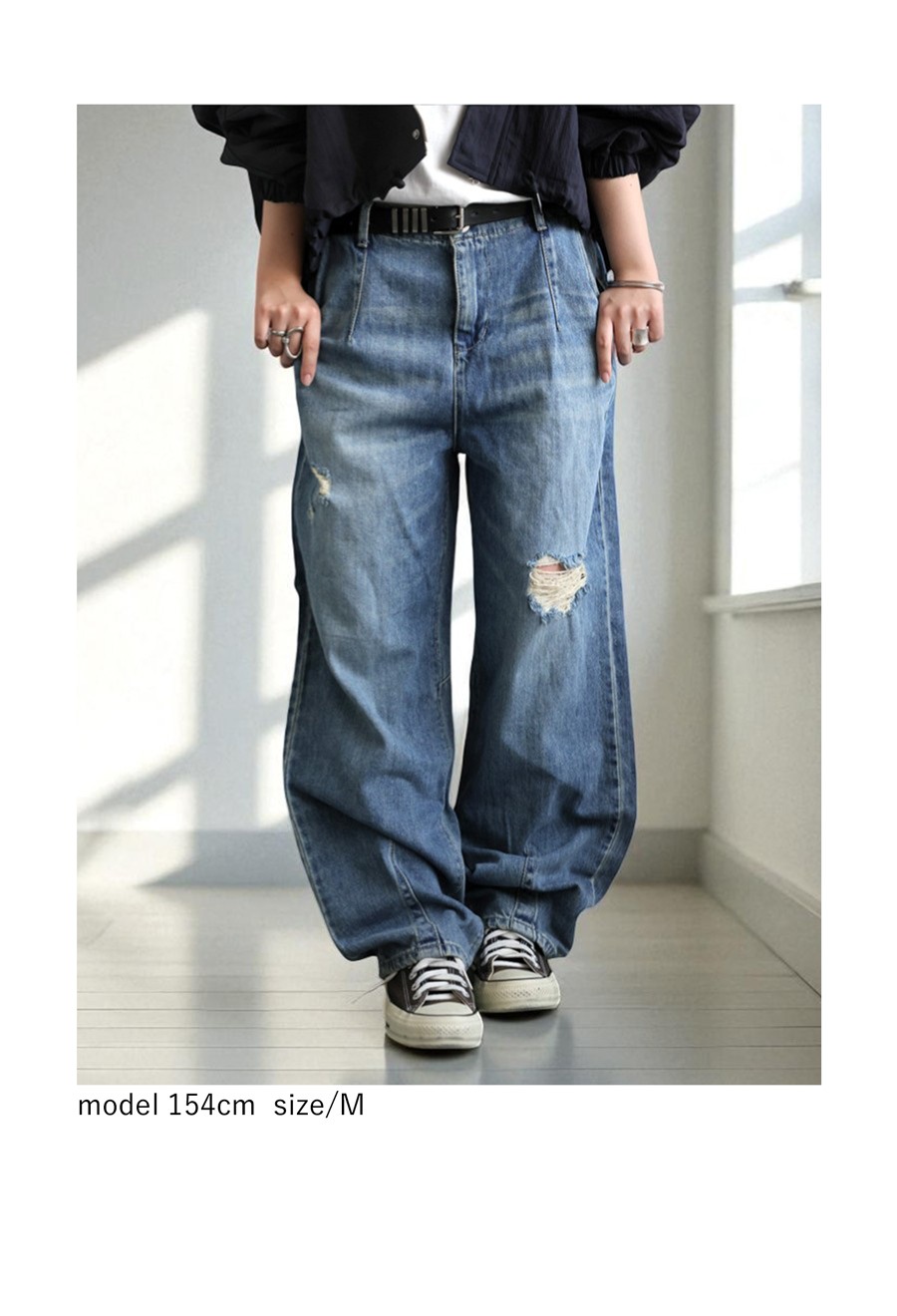 ヴィンテージ風 ダメージデニム レディース ワイドパンツ 送料無料・メール便不可 ヴィンテージ風 ダメージデニム レディース ワイドパンツ 送料無料