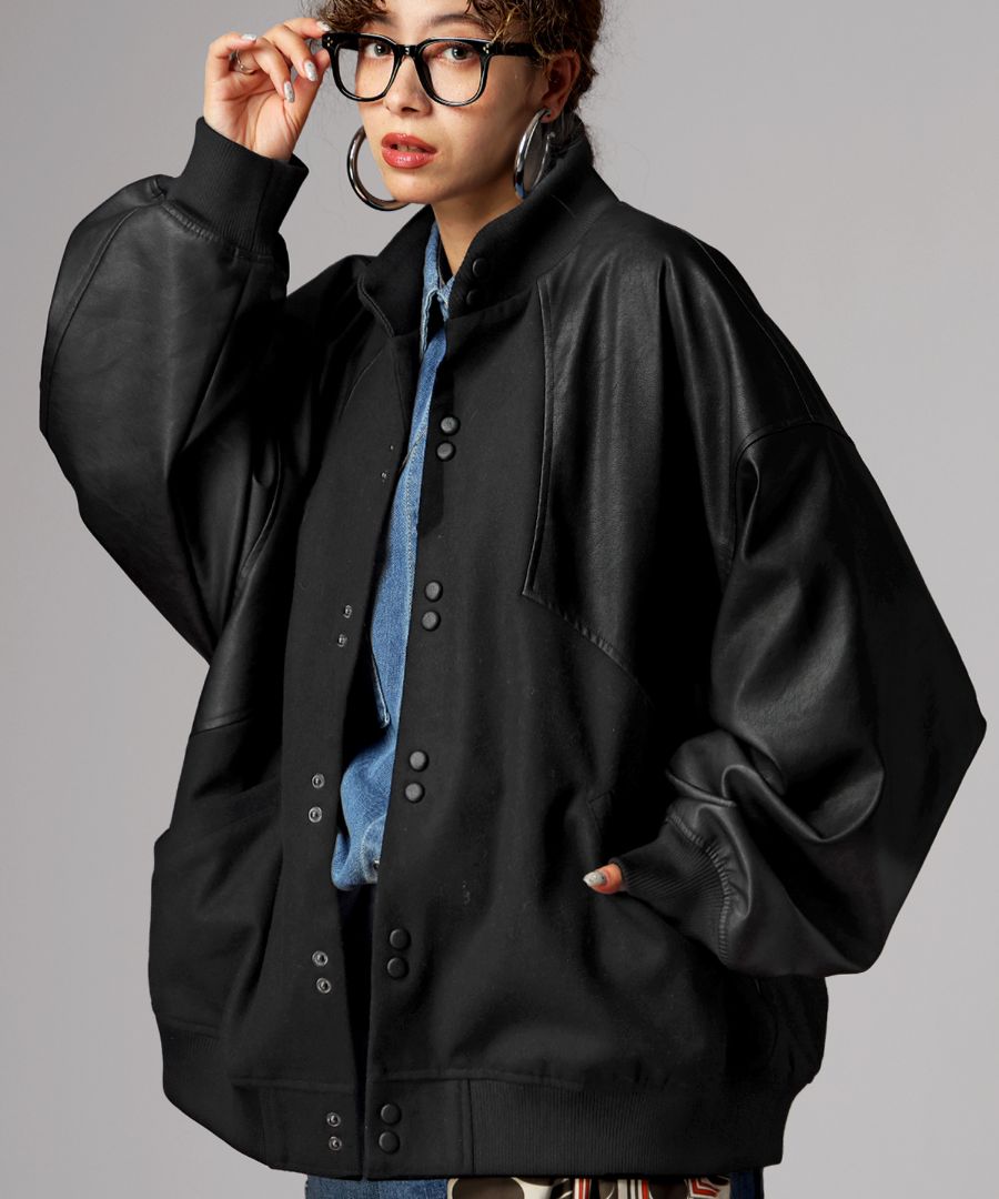 異素材切替 ジャケット レディース リブブルゾン 送料無料