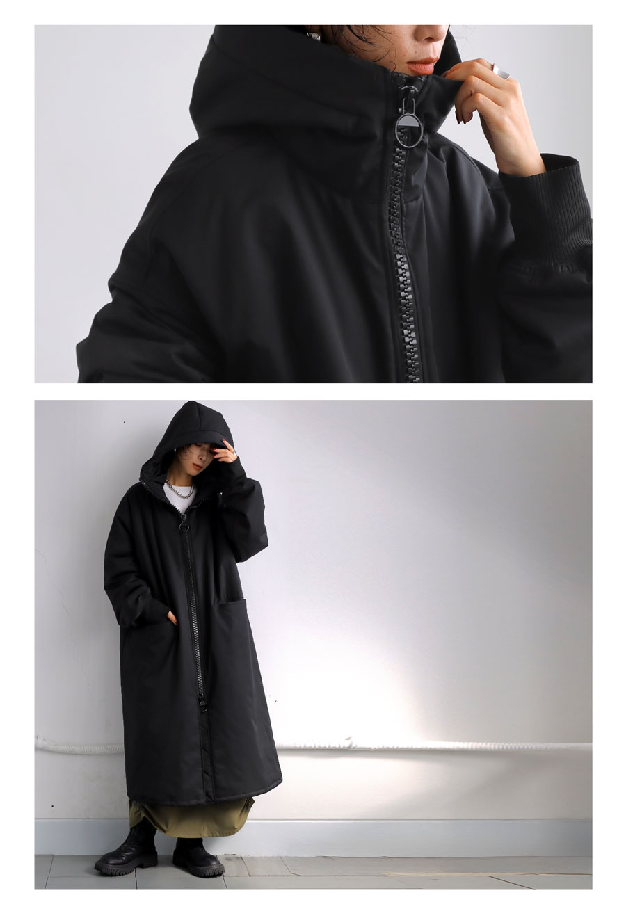 美品】antiqua アンティカ ビックジッパーロングコート ダーク