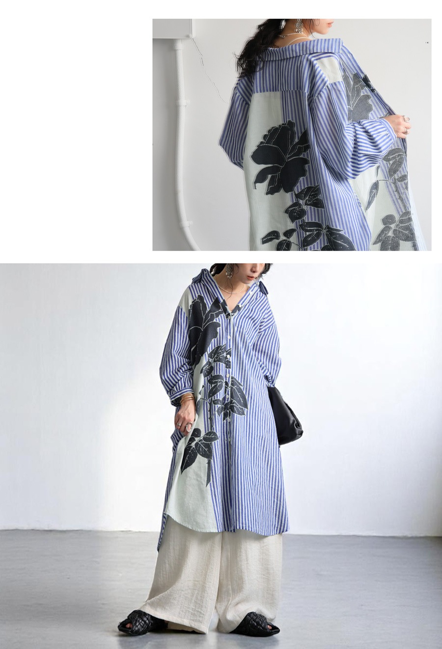 ボタニカル柄 シャツワンピース レディース 長袖 送料無料