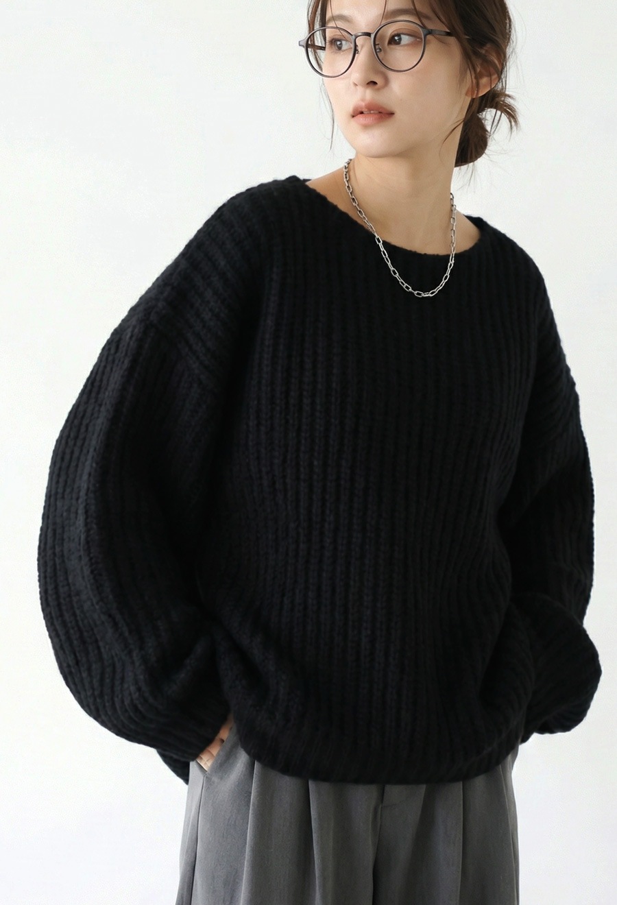 リブ編み ニットトップス レディース 長袖 無地 送料無料・メール便