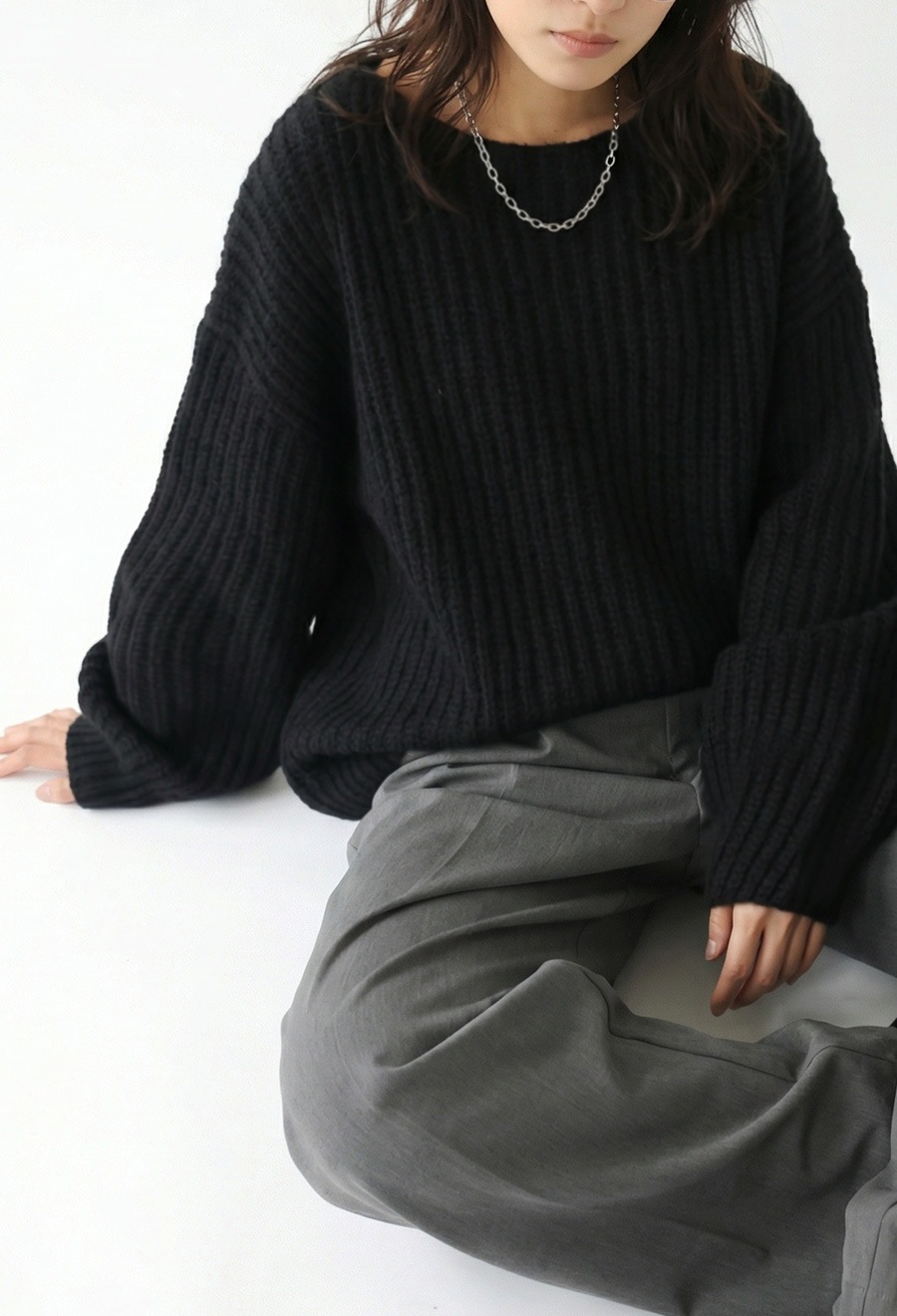 リブ編み ニットトップス レディース 長袖 無地 送料無料・メール便