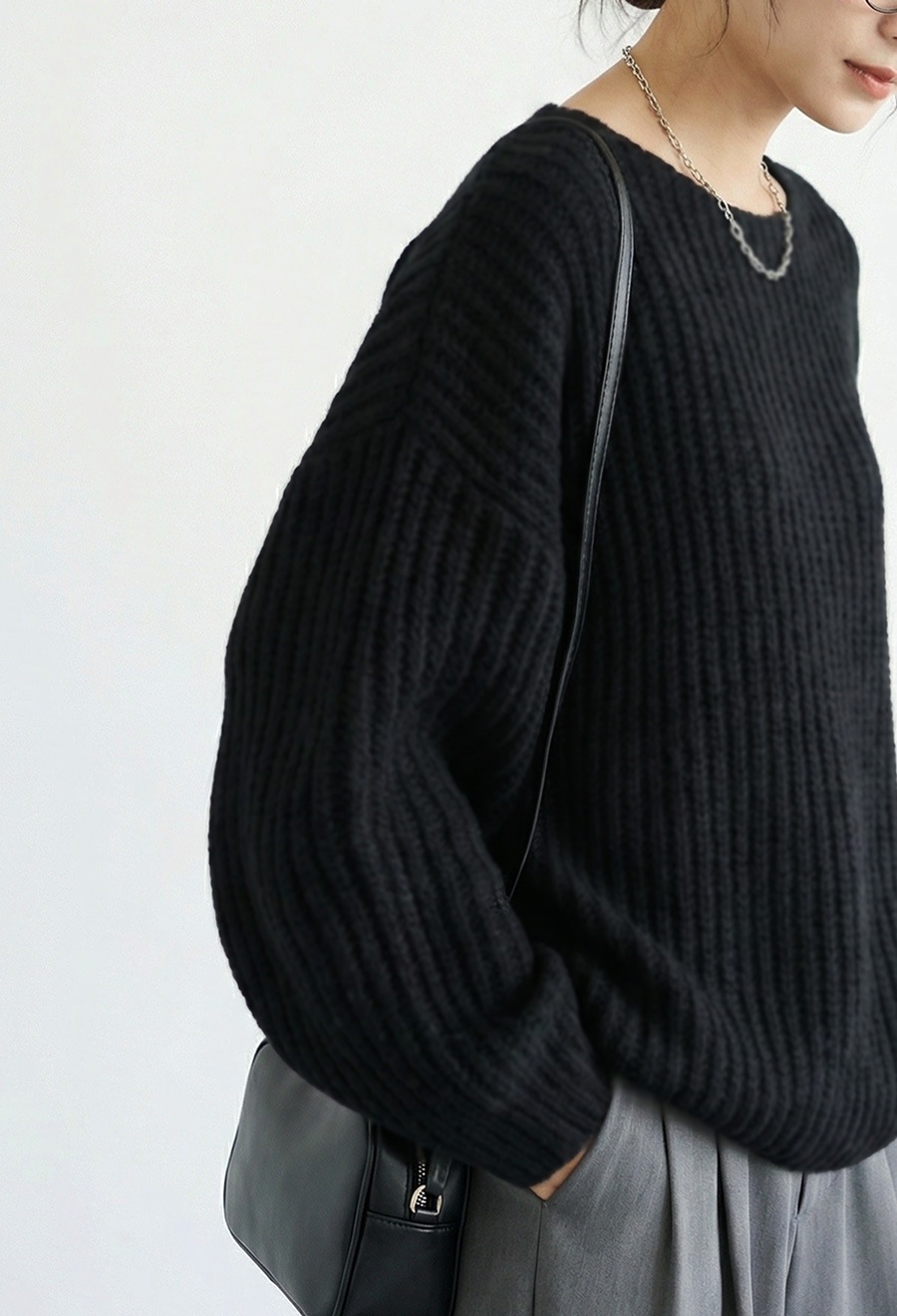 リブ編み ニットトップス レディース 長袖 無地 送料無料・メール便